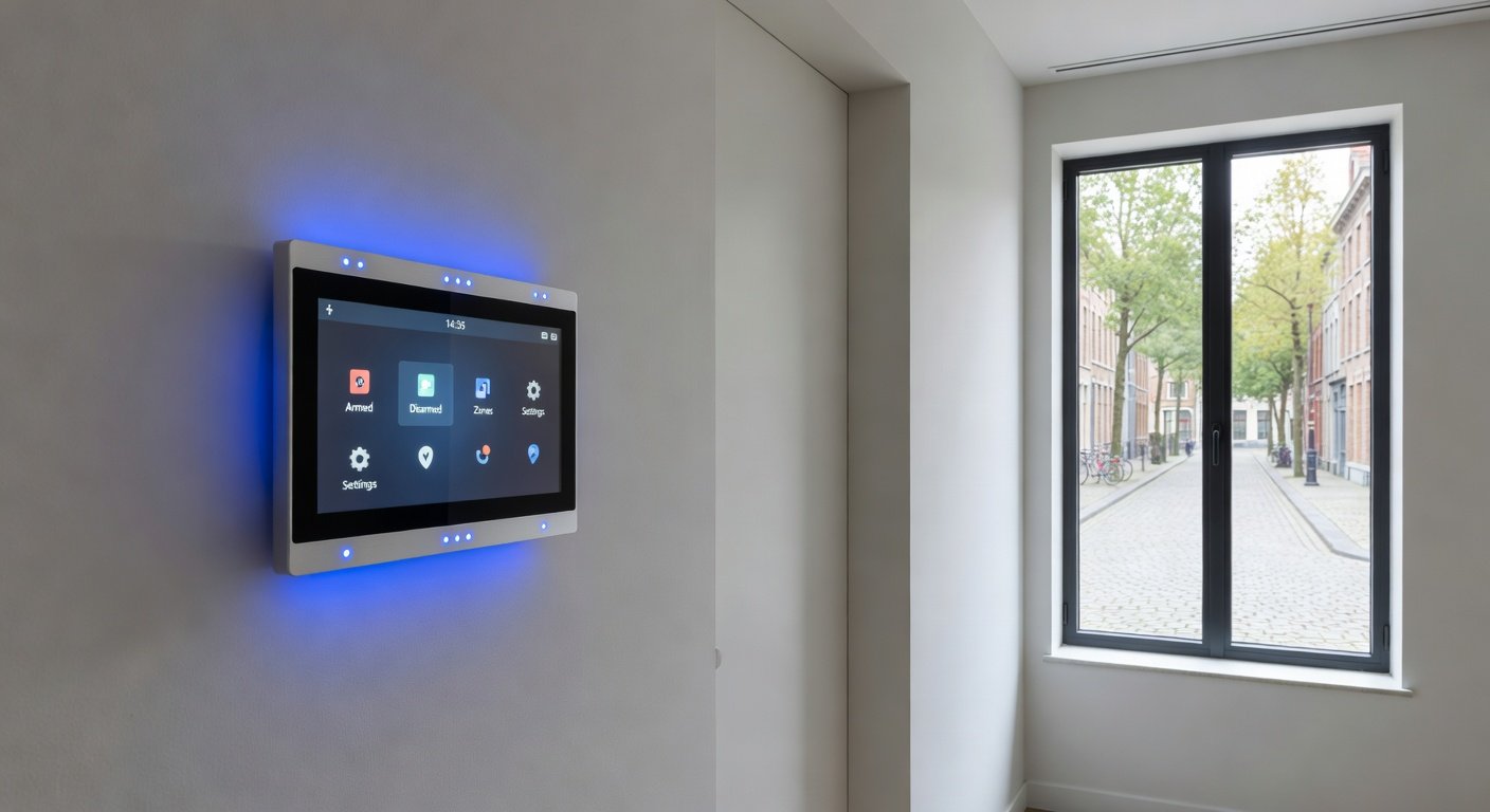 Systeme d'alarme maison moderne installe en Belgique - panneau de controle et detecteurs